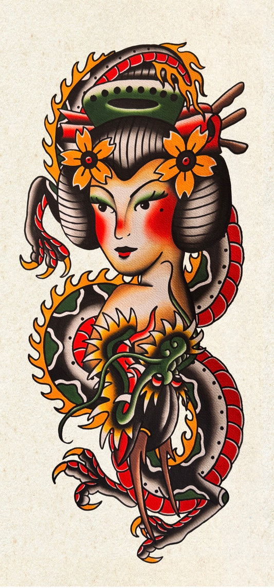 Dragon and Geisha print