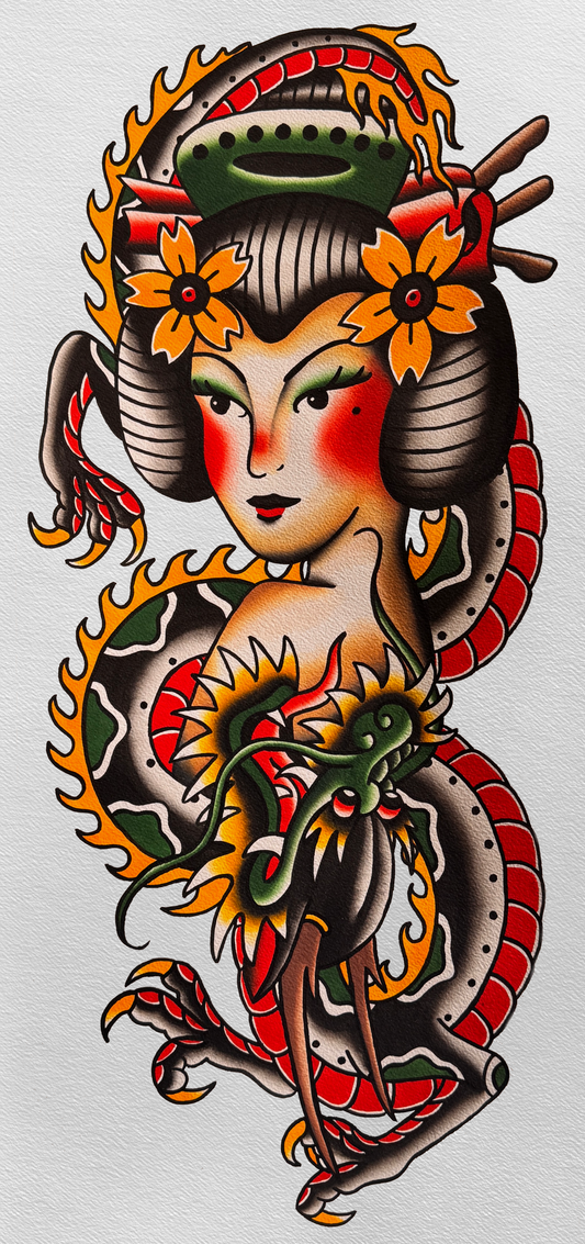 Dragon and Geisha print