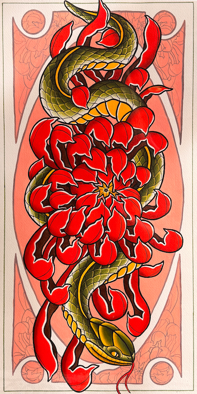 Snake and Chrysanthemum print